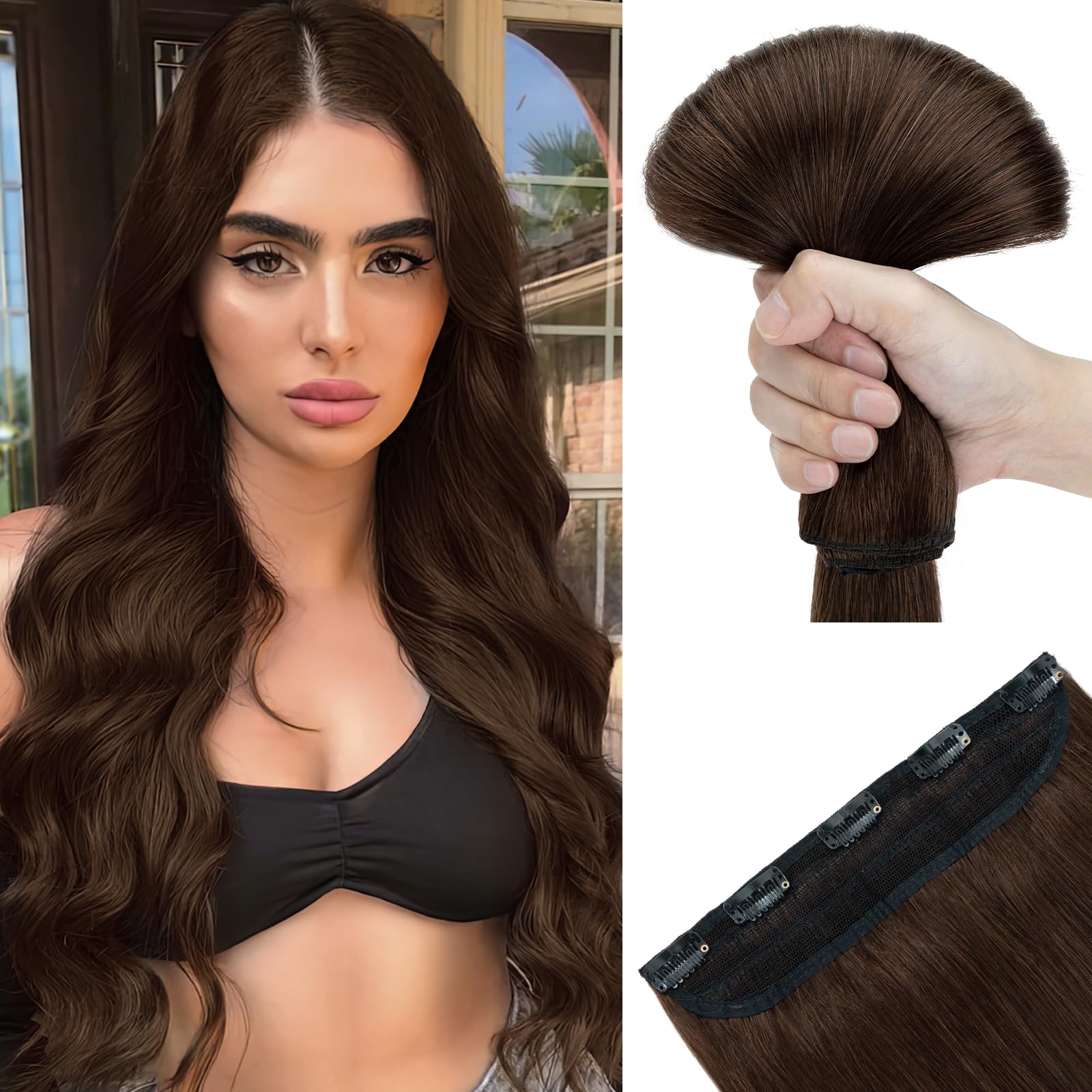 SEGOHAIR Hair Extensions Clip in Human Hair Extensions, 24" One Piece 5 Clips Thick Clip in Hair Extension - 3/4 Full Head -Dark Chocolate Brown — image 1