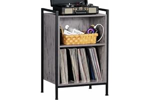 LELELINKY Turntable Stand, 3-Tier Record Player Stand, Vinyl Record Storage Cabinet with Metal Frame Holds Up to 180 Albums, Grey Record Table with Handle for Living Room, Bedroom, Office
