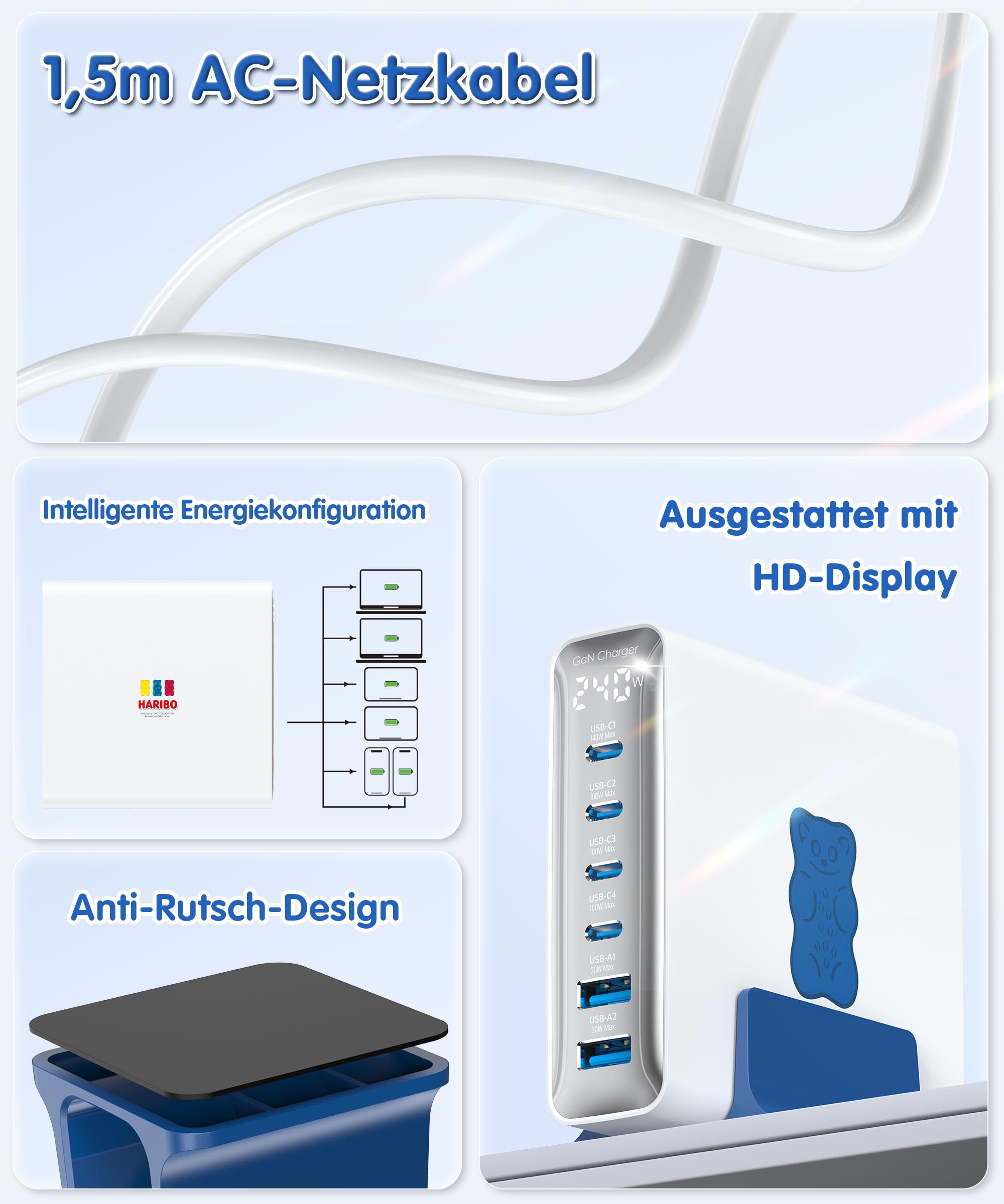 Haribo 240W USB C Ladegerät, 6-Port GaN Schnellladegerät USB-C Netzteil PD3.1 PPS für MacBook Pro/Air, für iPhone 17/16, iPad Pro, Galaxy S25/S24, für Dell XPS/Hp, Laptop ladegerät Geschenk, Blau 6