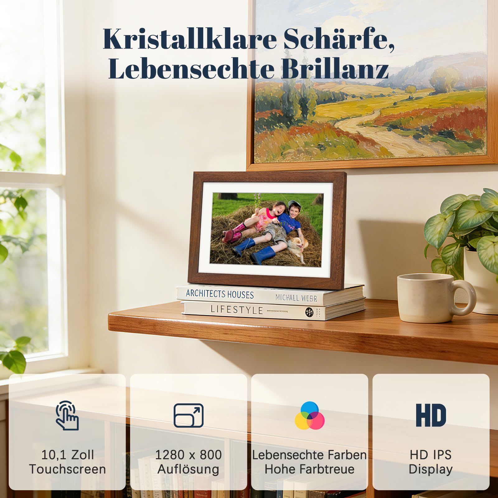 Frameo Digitaler Bilderrahmen WLAN 10.1 Zoll Walnussholz Elektronischer Bilderrahmen mit 32GB, 1280 * 800 HD IPS Touchscreen, Fotos/Videos Teilen über Frameo APP, Geschenk für Männer und Frauen 3