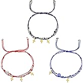 Tyebiva Evil Eye Gold Cross Charm Bracelets Stack Set for Women, Dainty Boho Handmade Adjustable Pearl Beads Layered Blue Red String Strand Bracelet Outfit Accessories Jewelry Gift.