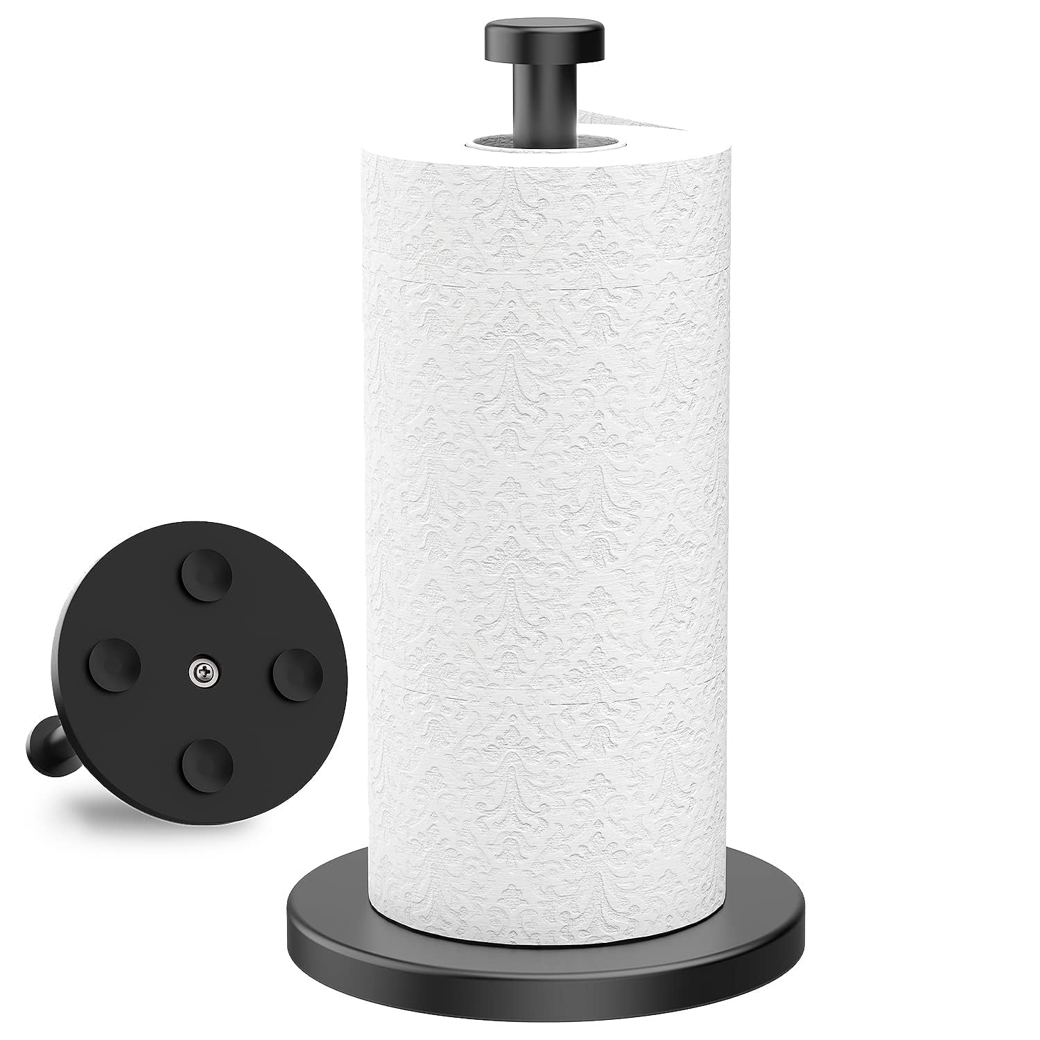 VEHHE Paper Towel Holder, Black Kitchen Roll Holder Free Standing, Stainless Steel Kitchen Towel Holders with Suction Cups Suit for Kitchen, Bathroom, Outdoor
