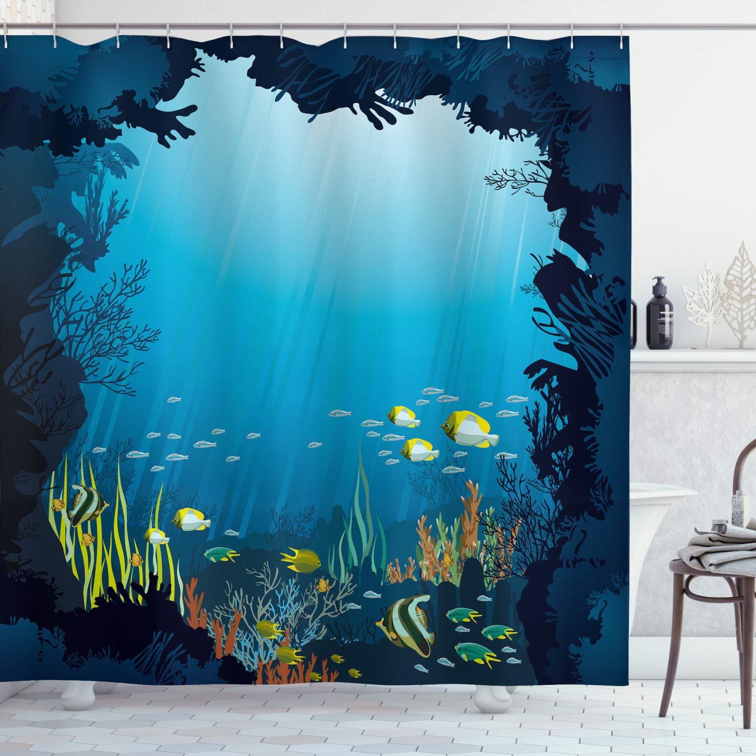 ABAKUHAUS Ocean Shower Curtain, Topical Underwater Cave Fishes Swimming Marine Coral Reefs Exotic Aquatic Beauty Image, Cloth Fabric Bathroom Decor Set with Hooks, 94 Inches, Dark Blue