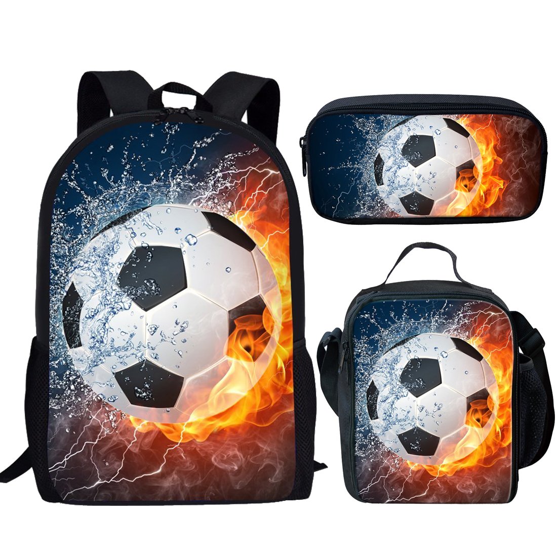 Showudesigns Schoolbag Set Include 17inch Backpack Small Lunch Bag Pencil Case Fire Soccer