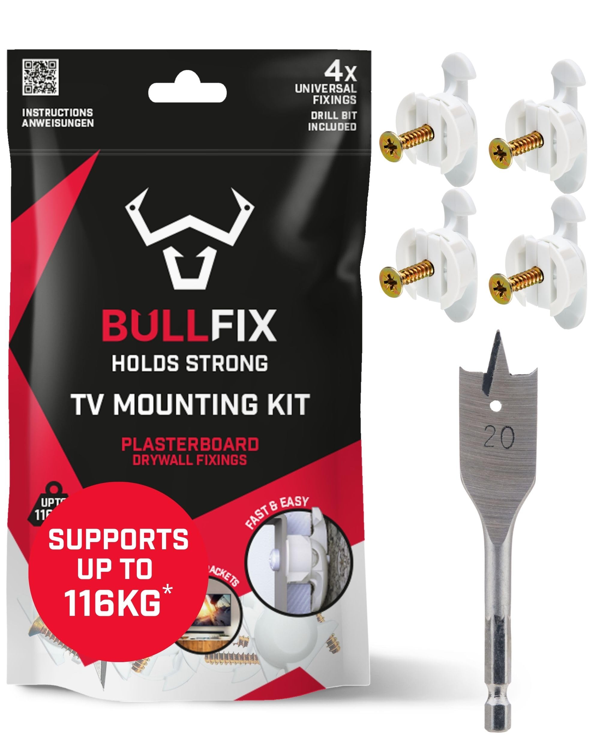 Bullfix TV Kit - Plasterboard Fixings for TV Bracket, Heavy Duty Wall Fixing for Television Bracket & Mount to Stud, Dot & Dab, Insulated Plasterboard, Hollow Cavity Wall & Drywall Mounting Anchors