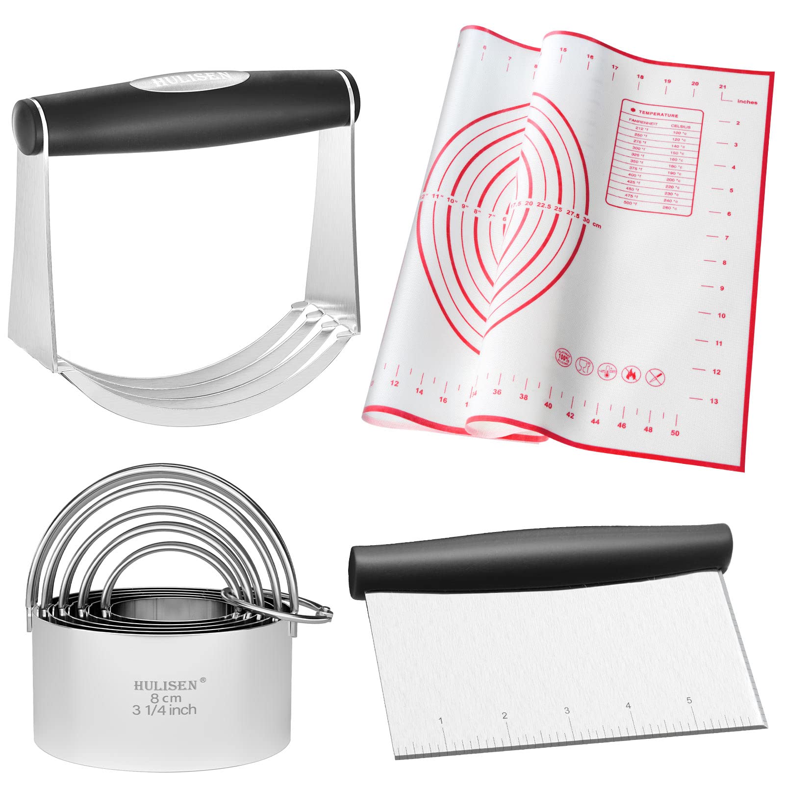 Photo 1 of HULISEN Stainless Steel Biscuit Cutter Set, Silicone Mat, Pastry Scraper and Dough Blender, Sturdy & Long-Lasting with Ergonomic Rubber Grip, Professional Baking Dough Tools, Gift Package (4 Pcs/Set)