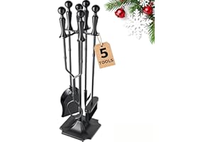AMAGABELI Garden & Home 5 Pcs Fireplace Tools Set 31 Inch Indoor Handle Wrought Iron Large Fire Tool Accessories Set Holder Outdoor Fireset Fire Pit Stand with Poker Brush Shovel Tong
