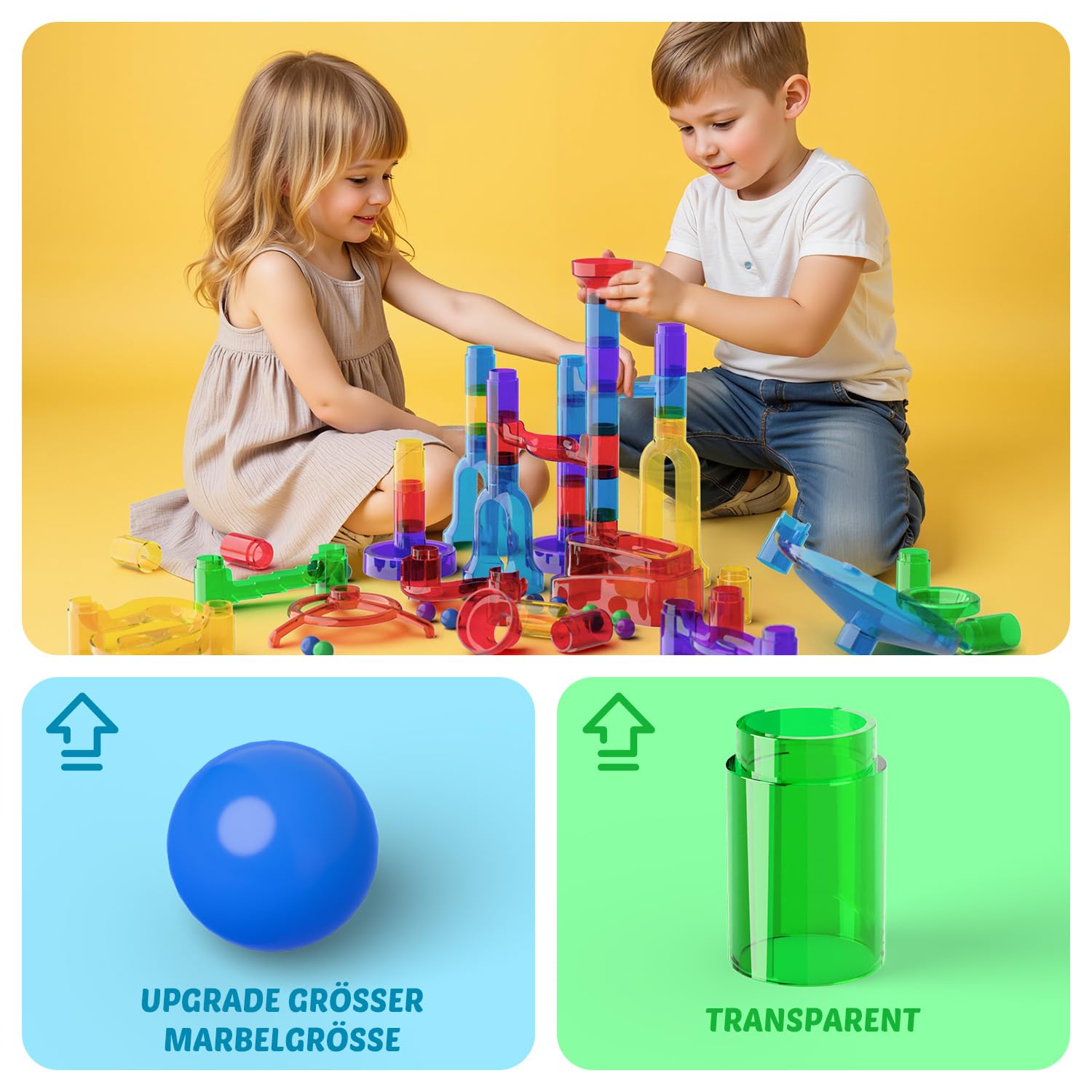Murmelbahn Logikspiele Mehrfarbige kugelbahn 109 Stück transparent Bahnelementen und murmeln STEM Marble Rush Doppelspiel Spielzeug Geschenk für Kinder Jungen Mädchen ab 3-12 Jahre 4