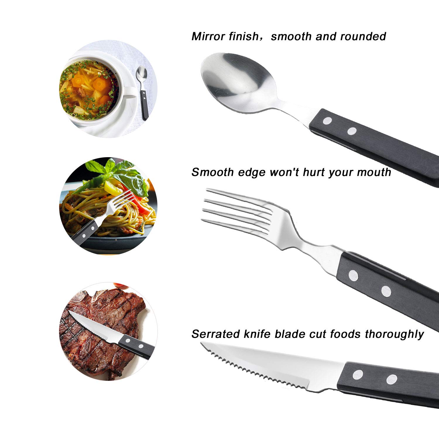 TaNaT 12 Pieces Wood Flatware Forks and Spoons Set Silverware Cutlery 18/0 Stainless Steel Flatware Set Black Wooden Handle Tableware Utensils Service for 4,Set of Silverware,Smooth Surface