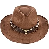 Cowboy Hat for Women and Men, Mens Western Cowboy Hats with Bull Head Womens Retro Vintage Jazz Hat Solid Color Cowgirl Hats (US, Alpha, Medium, Coffee 1)