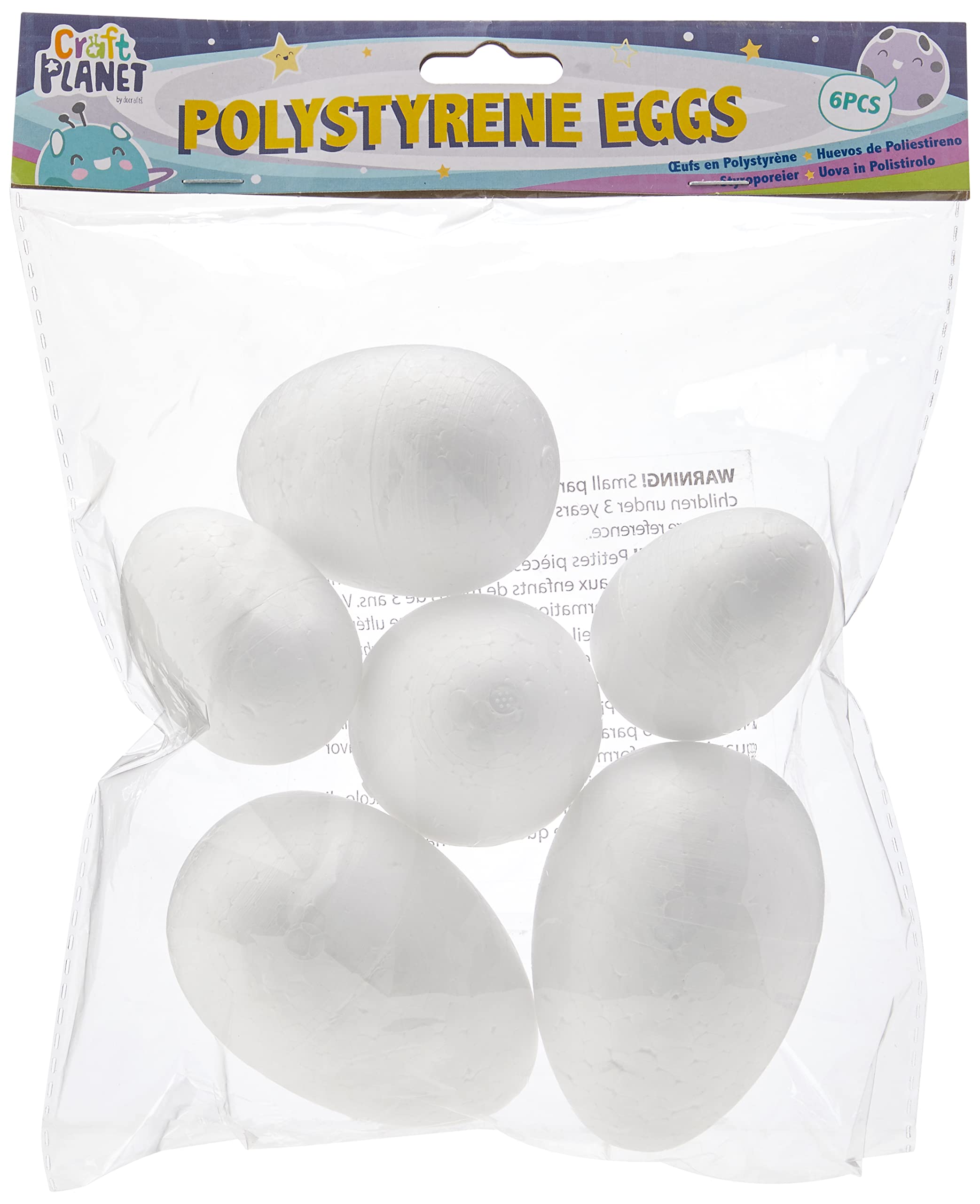 Craft Planet Polystyrene Eggs 6 Pieces, White, Assorted Sizes, Shapes For Arts And Crafts, Basic Polystyrene Shapes, Perfect Base, Decoupage, Easter Painting, Bauble-Making, Art Set Craft Kit Supplies