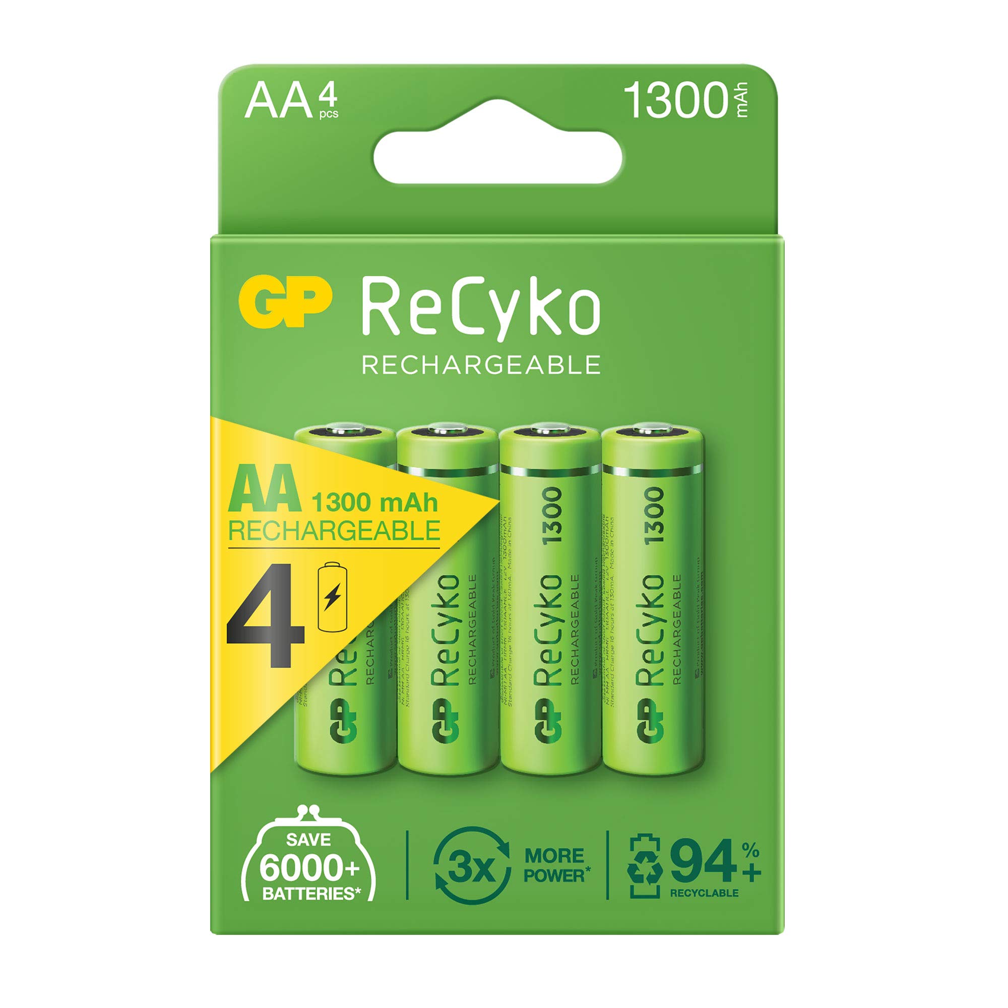 GP ReCyko AA Rechargeable Batteries 1300 mAh - Pack of 4 - High-capacity, Pre-charged, Eco-friendly