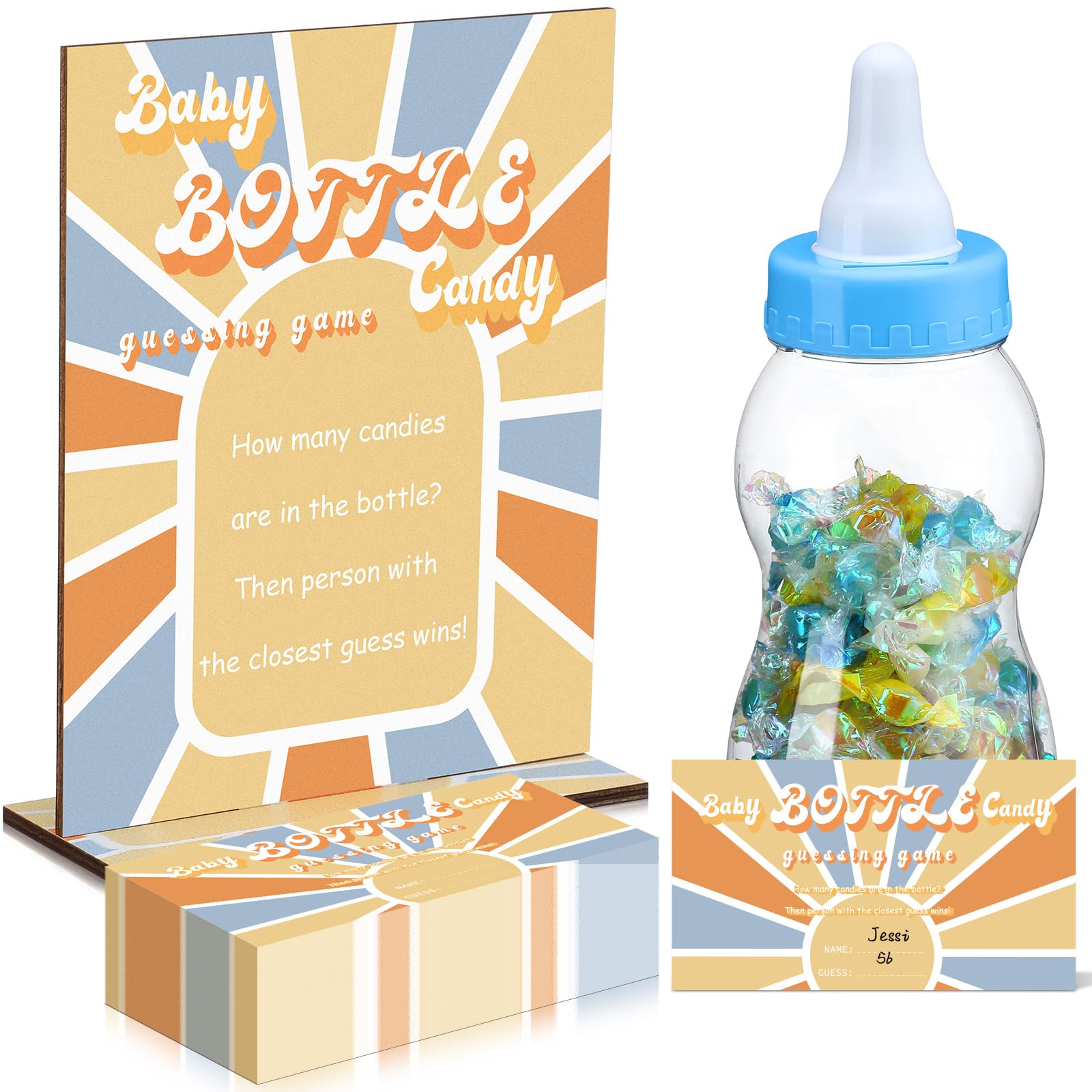 Photo 1 of ***(USED/ MINOR DAMAGE)***Dandat 62 Pcs Here Comes The Son Candy Guessing Game Includes 11 Inch Large Baby Bottle Bank 60 Pcs Candy Guessing Cards for Expecting Mothers, Girl and Boys Baby Showers Party Games