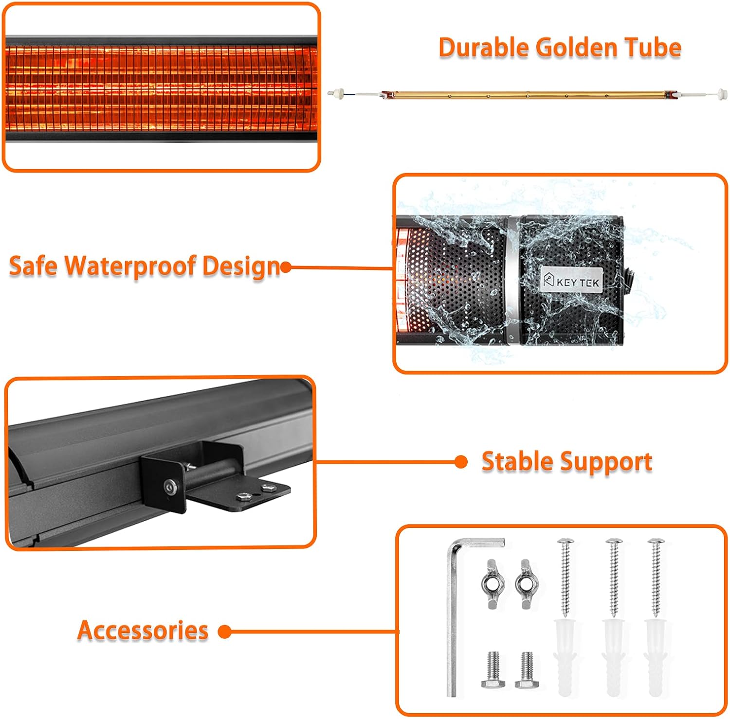 KEY TEK Wall-Mounted Patio Heater Electric Infrared Heater Indoor/Outdoor Heater Electric for Garage Backyard Wall Patio Heater Waterproof with Remote Control Golden Tube for Fast Heating, Black: Kitchen & Dining