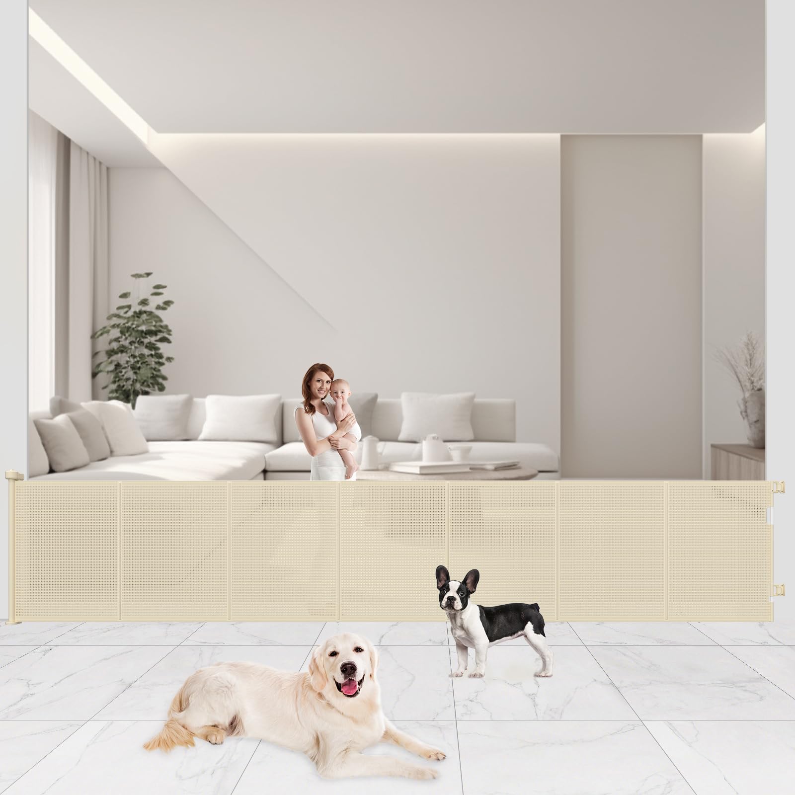 Upgrade 120" Retractable Baby Gates Extra Wide with Reinforced Strip, 10 FT Retractable Dog Gate, 41" Tall Retractable Gate Indoor Outdoor for Pet and Baby-Beige Image