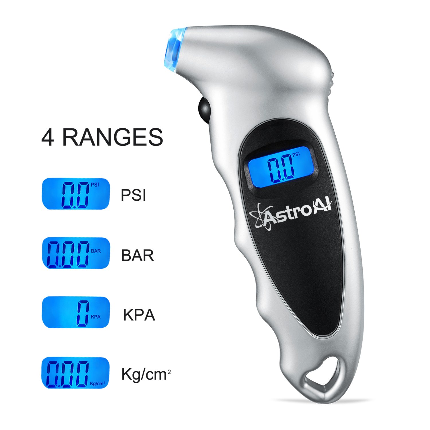 AstroAI Digital Tire Pressure Gauge 150 PSI 4 Settings Car Truck Bicycle Backlit LCD Non-Slip Grip, Silver (1 Pack)