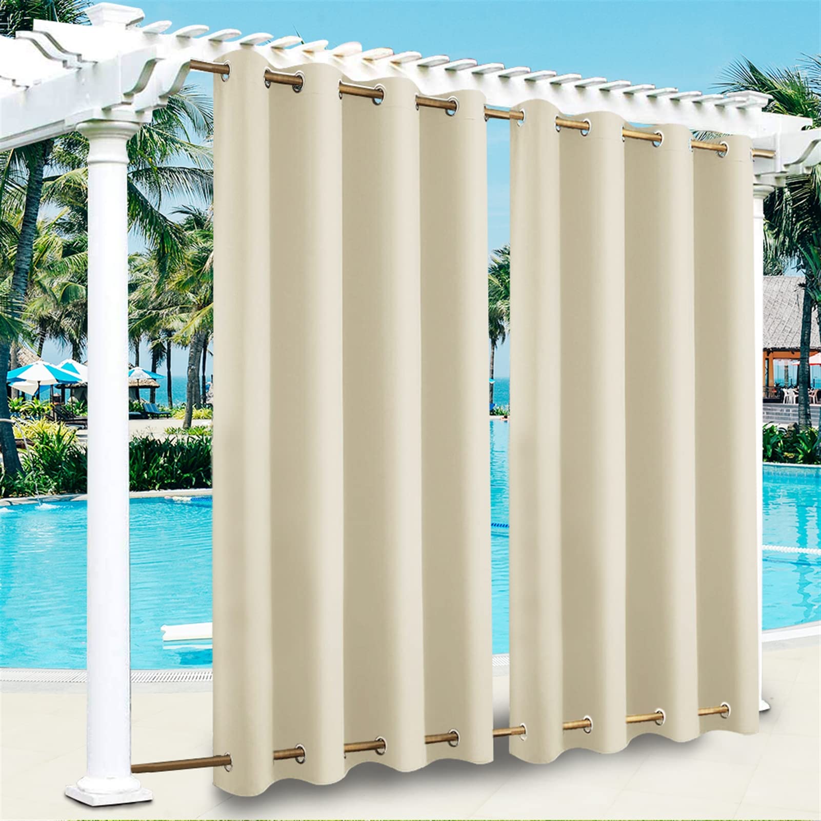 SK Studio Outdoor Curtains for Patio Waterproof Sunlight Block Rustproof Grommet Top and Bottom Windbreak Privacy Curtain for Gazebo, Front Porch, Pergola, 1 Panel, Beige, 100" W x 96" L