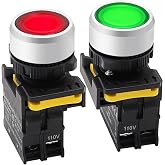 mxuteuk 2Pcs Red Green LED Light Voltage 110V-220V 22mm 1NO 1NC Waterproof IP65 SPST Momentary Push Button Switch 10A 600V LA155-A1-11D-RG