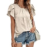 Womens 2023 Summer Dressy Shirt Pleated Swiss Dots Ruffle Short Sleeve Blouse Flowy Tops Tunic