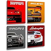 Modern Car Posters Classic Supercar Wall Art Prints, Ferrari Lamborghini McLaren Pagani Canvas Posters for Man Cave Boys Room Wall Decor, Sports Car Art Prints, 4 Set - 8"x10" Frame, Ready to Hang