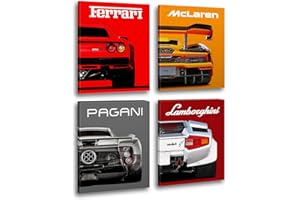 NIIORTY Modern Car Posters Classic Supercar Wall Art Prints, Ferrari Lamborghini McLaren Pagani Canvas Posters for Man Cave Boys Room Wall Decor, Sports Car Art Prints, 4 Set - 8"x10" Frame, Ready to Hang
