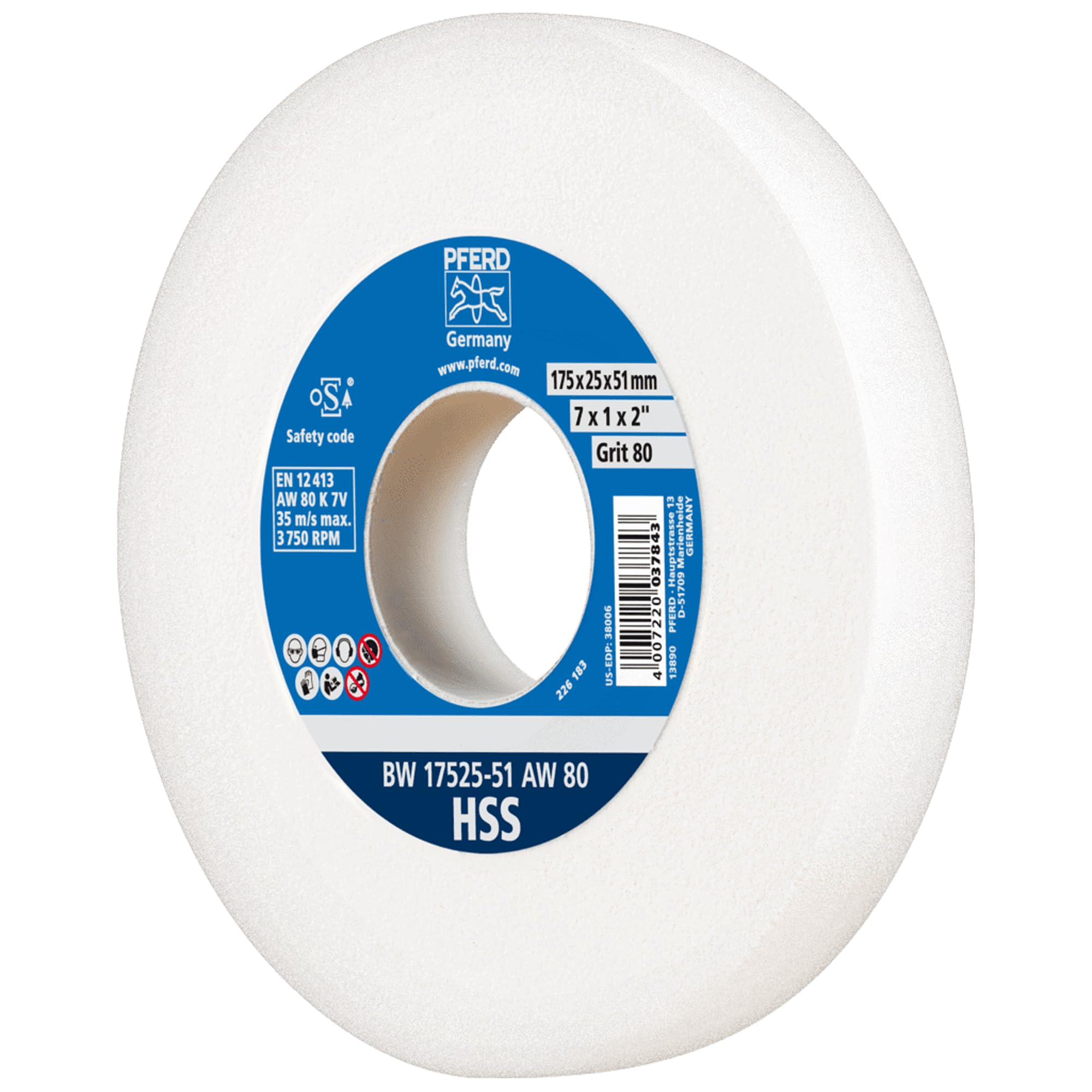 PFERD 39009701 Sanding Disc 175 x 25 x 51 mm High-Speed Steel Grain Size 80 White Corundum – Sanding Disc for Processing High-Alloy Steels with Integrated Reducing Sleeve (32 mm)