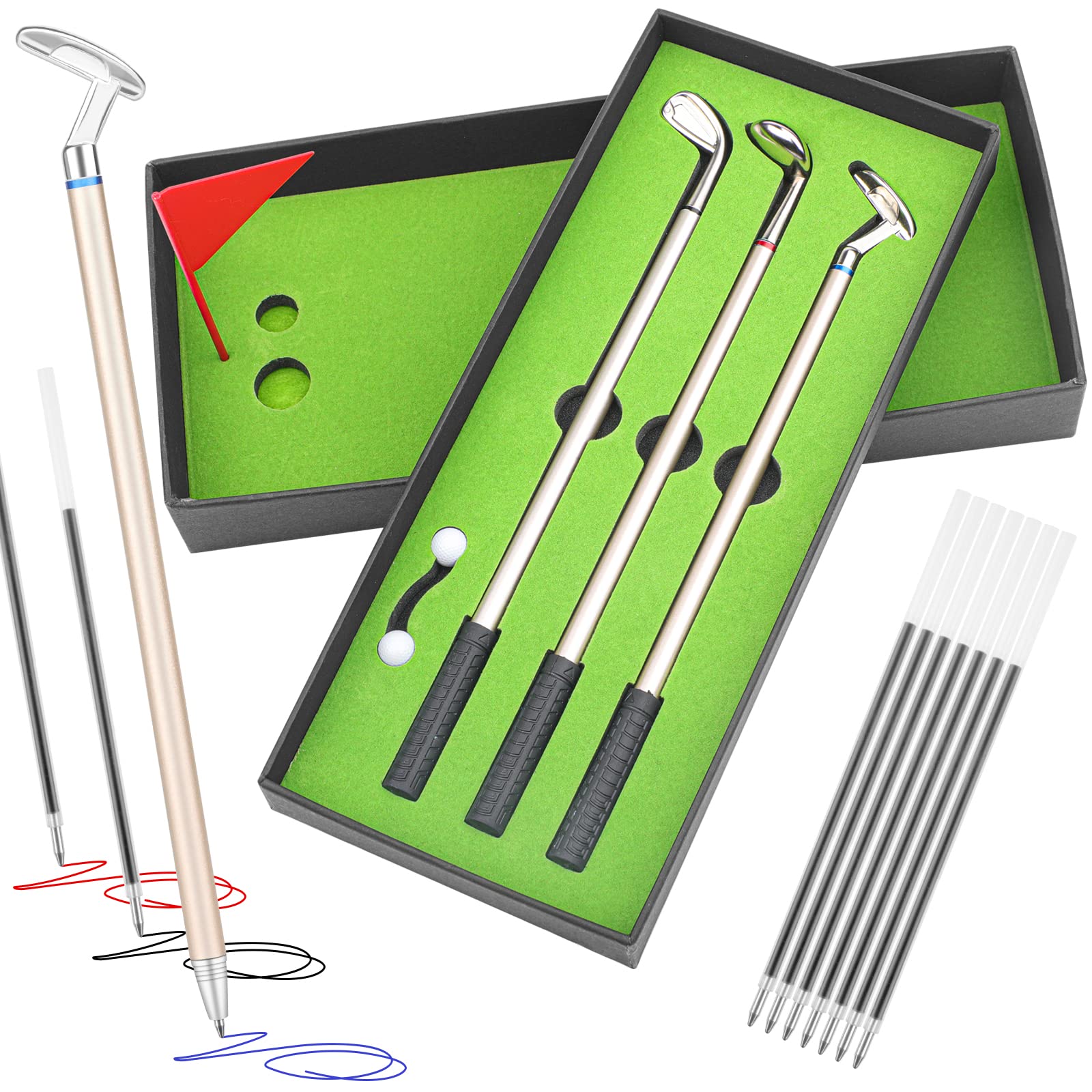 Tikplus Pen Set, Mini Golf Gift for Men, Putter Ballpoint Pen with Refills, Golf Balls Flag, Special Occasions Gift Box