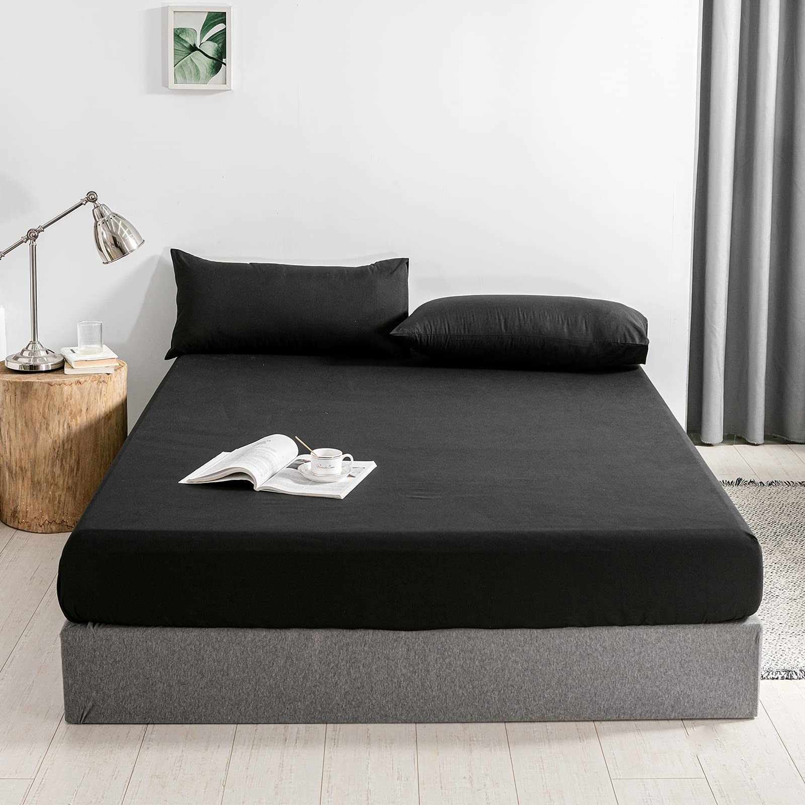 Fitted Sheet 30 cm Extra Deep Pocket Sheet Soft and Breathable Machine Washable Fitted Sheet (Black, 120 x 200 + 30)