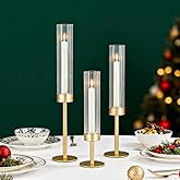 3 Pcs Glass Hurricane Candlestick Holders Gold, Taper Candle Holder Tall Clear Glass Cylinder Table Centerpiece Wedding Decor Party Birthday Christmas Home Decorations