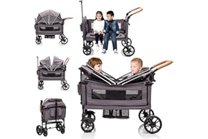 MRZLB Wagon Stroller for 2 Kids & Cargo-Travel Push-Pull Double Lightweight Folding Stroller for Newborn&Toddler with 5-Point Harness,Adjustable Handle Bar and Canopy,Tray Table,Cup Holder
