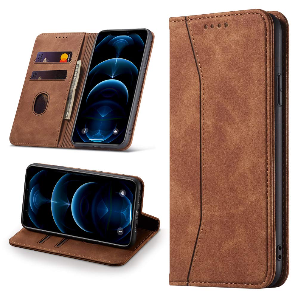 Leaisan Leather Case For iPhone 12/iPhone 12 Pro, Premium PU Leather Wallet With [Kickstand] [Card Slots] [Magnetic Closure] Flip Folio Book Cover Shockproof Full Protection - Brown