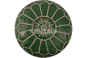 KENZADI Genuine Leather Ottoman Pouf Cover Hand Stitched in Marrakech by Moroccan Artisans, Footstool, UNSTUFFED (Green by Beige)