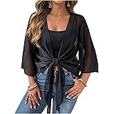 Floerns Women's Plus Size 3/4 Sleeve Tie Front Blouse Tops See Through Cover Up Going Out Outfit