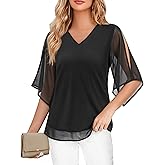 Uhiger 3/4 Length Sleeve Womens Tops V Neck Chiffon Blouse Dressy Casual Double Layered for Weekend Outings and Everyday Wear