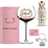GALOFAY Wine Glasses Gifts for Mom, Personalized Art Words Red Wine Glass Set, Pink Gift Package with Goblet, Wine Bag, Key Chain, and Card for Birthday Woman's Day