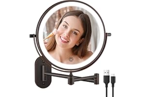 Rechargeable Wall Mounted Lighted Makeup Vanity Mirror 8 Inch Double Sided 1X 10X Magnifying Bathroom Mirror, 3 Color Lighting, Touch Dimming, Extended Arm 360 Rotation Light up Mirror Antique Bronze
