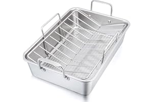 P&P CHEF 16" Roaster Roasting Pan with Baking Rack and V-shaped Rack, Stainless Steel Rectangular Lasagna Pan with Handles for Turkey Chicken, Healthy & Dishwasher Safe, 3 Pieces, Silver