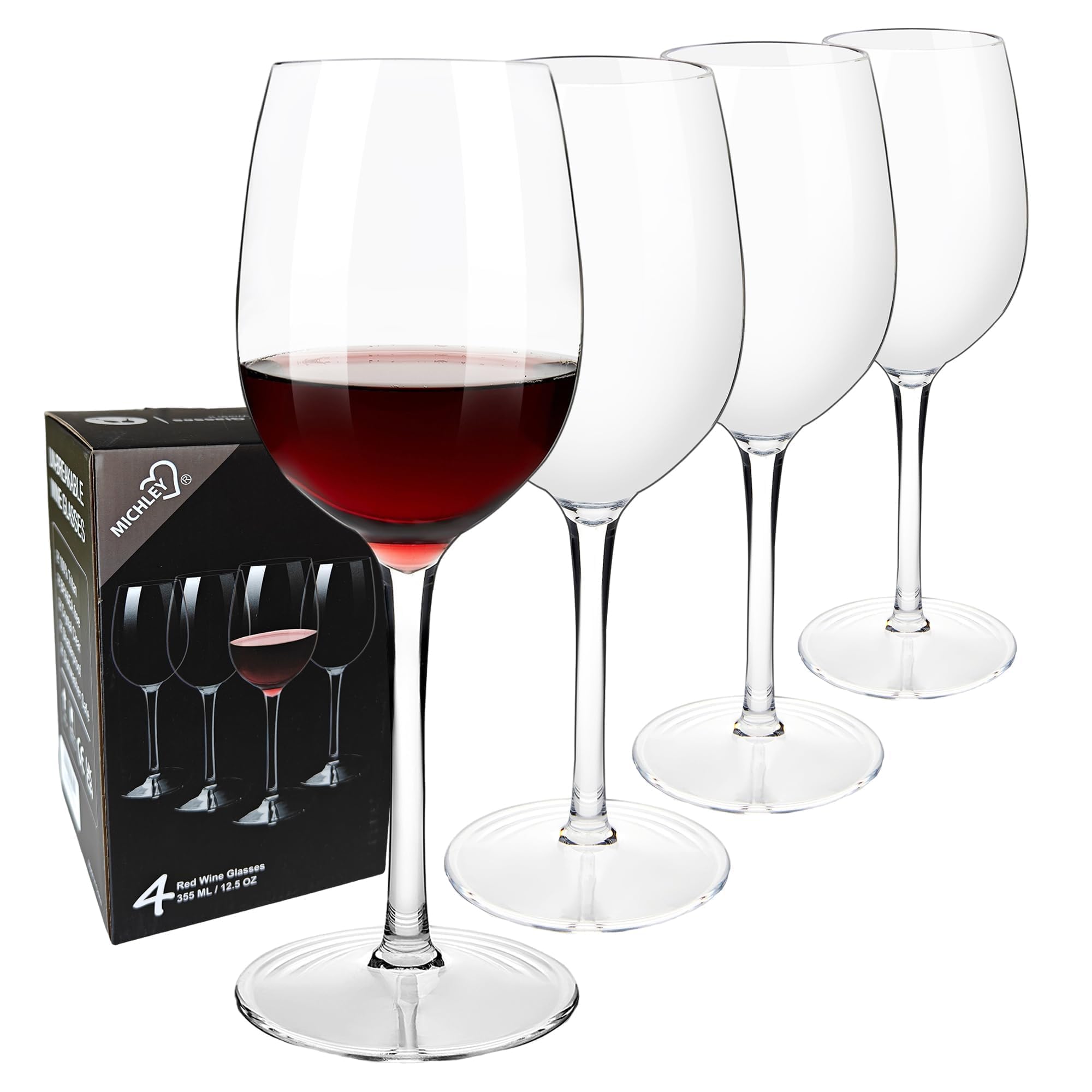 COOKY.D Tritan-Plastic Floating Red Wine Glass, Unbreakable, Elegant Long Stem Goblet, Unique Gift for Wedding, Anniversary, Pool Birthday, Dishwasher Safe, 355ml, Set of 4