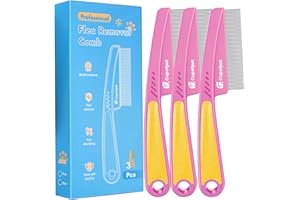 Cupofpet 3-Pack Flea Comb with Rubber Handle, Fine Tooth Flea and Tick Combs for Dogs & Cats, Anti-Slip Pet Grooming Comb for Puppies, Kitties (Pink)