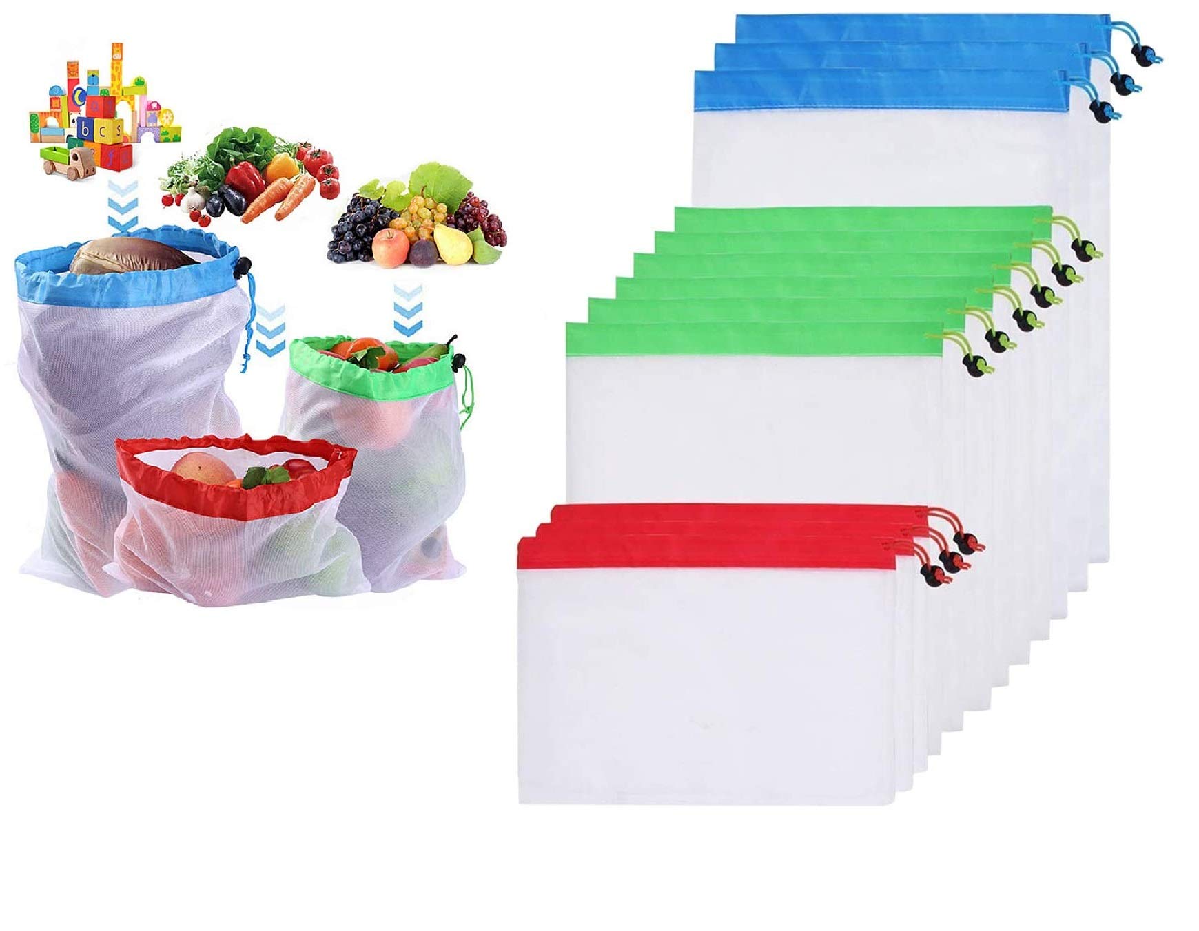 KOKSI 12-Piece Reusable Mesh Produce Bags, Washable and Lightweight