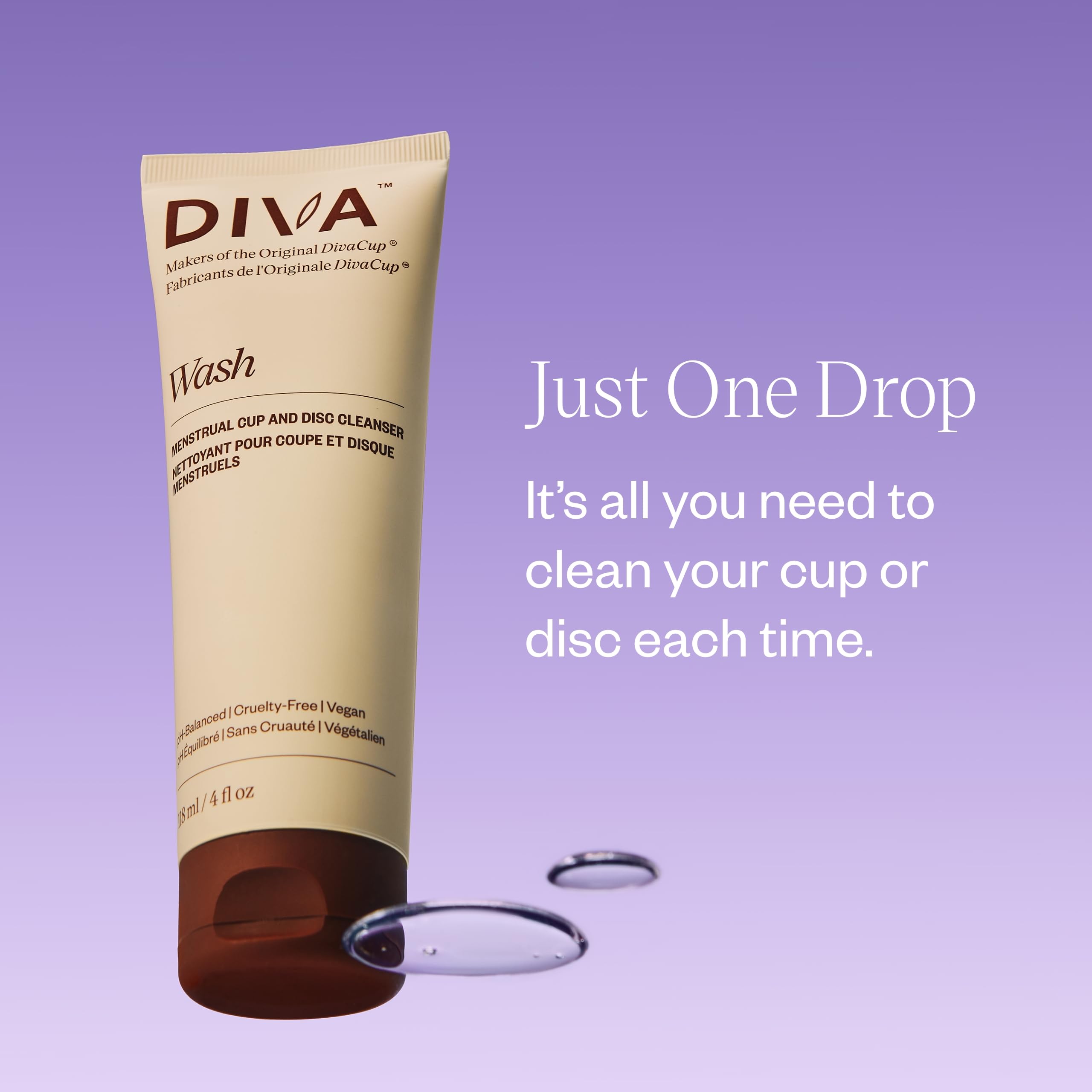 DIVA Wash - Menstrual Cup & Disc Cleanser - Requires One Drop Only - for Period Care - 100% Plant-Based Cleansing Wash - Fresh Citrus Scent - 4 Fl Oz