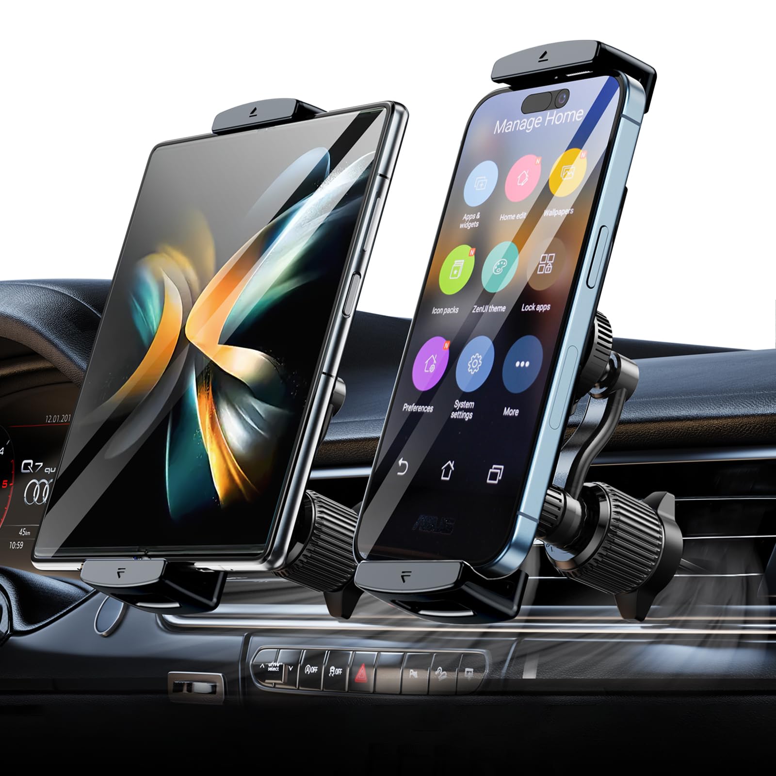 xuenair Z Fold Car Mount with Long Arm, No Blocking Ventilation & Never Fall Off - Compatible with iPad Mini, Z Fold 7 6 5 iPhone 17 16 15 and More 4.7-12.9" Devices