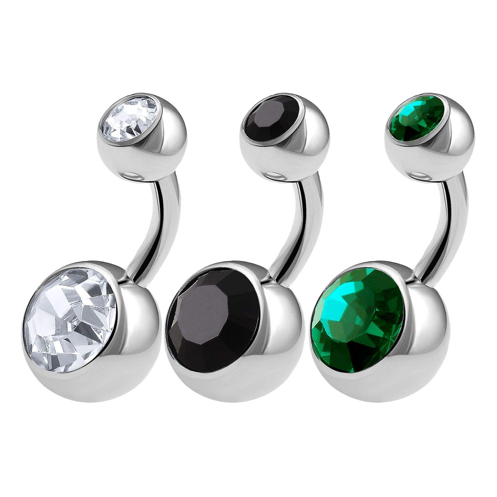KJM FASHION 3PCS 316L Surgical Steel Shallow Belly Button Rings Studs 14 Gauge 1/4 6mm Clear Jet Emerald Short Navel Bars Jewellery 0629