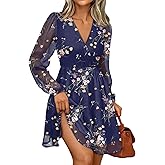 LILLUSORY Womens Long Sleeve Wedding Guest Dresses Winter 2026 Casual Fall Fashion V Neck Mini Chiffon Dress Flowy Clothes