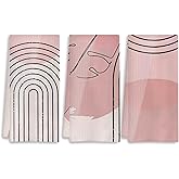 COWEB Pink Boho Kitchen Towels Set of 3 - Abstract Line Art Decorative Hand Towels for Bathroom, Mid Century Modern Dish Towels, Kitchen Decor, 16x24 Inches