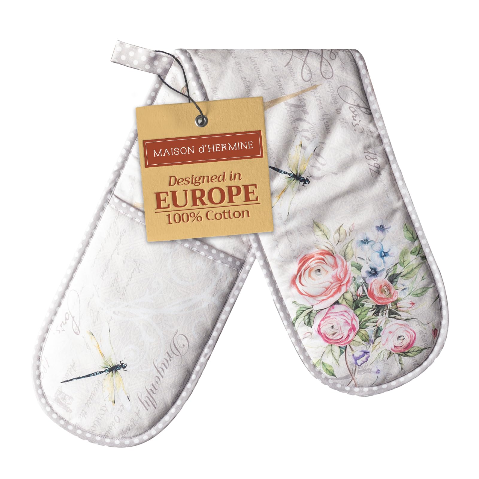 Maison d' Hermine Double Oven Mitts 100% Cotton 18 cm x 89 cm Double Oven Mitt Heat Resistant BBQ Cooking Gloves with Loop Baking Grilling Handling Hot Pans Gifts for Mothers Day (Champ De Mars)