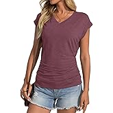 EasyGala Womens Summer Cap Sleeve Ruched Tops V Neck T Shirts Casual Short Sleeve Shirts Loose Fit Spring Outfit 2025