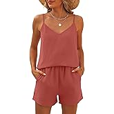 Caracilia Womens 2 Piece Lounge Sets Summer Outfits V Neck Tank Top Short Matching Set Casual Travel Beach Vacation Clothes