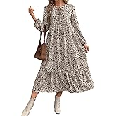 Women's Autumn Long-Sleeved Round-Neck Pleated Floral Dress a Casual and Flowing Long Dress