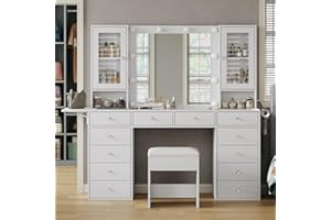 YANOSAKU Vanity with Mirror and 10 LED Lights,Vanity Desk with Power Outlet, Makeup Vanity with 12 Drawers and 2 Cabinets, Fold-up Panel, Glass Top Vanity Table with Chair for Bedroom, White